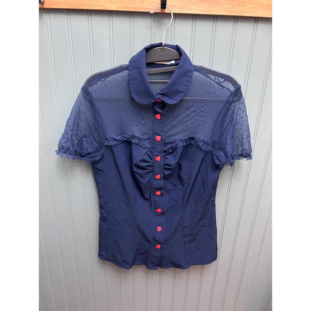 Belle Poque Navy Blue Sheer Mesh Heart Button Blouse Rockabilly Pinup Small